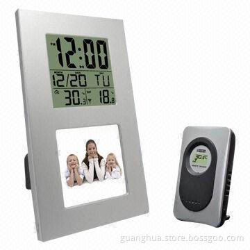 Funny photo frame clock with indoor and outdoor temperature display